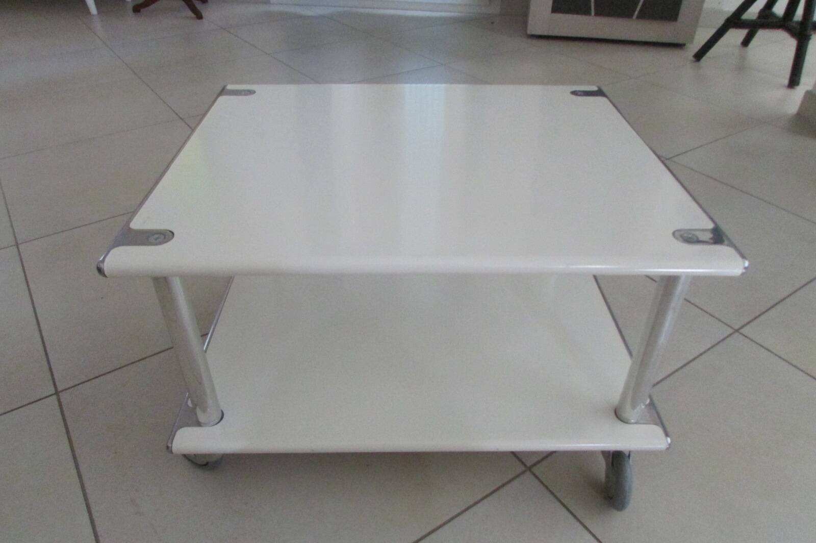 "Space Age" coffee table in white lacquered steel. Double tops. France, Circa