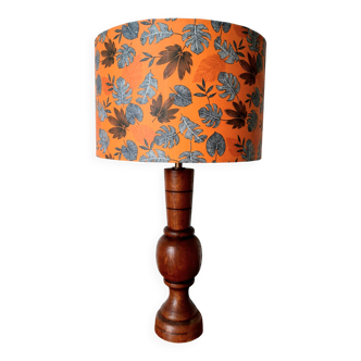 Lampe en bois art déco et abat-jour feuillages