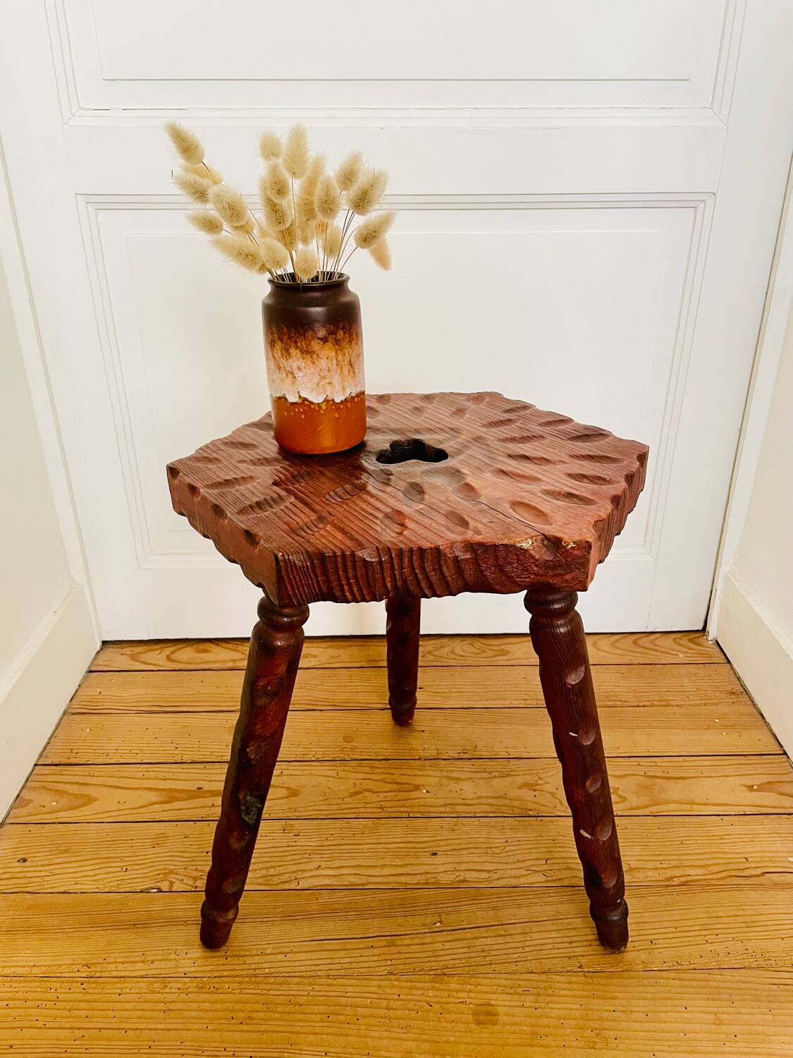 Vintage wooden tripod stool with turned legs