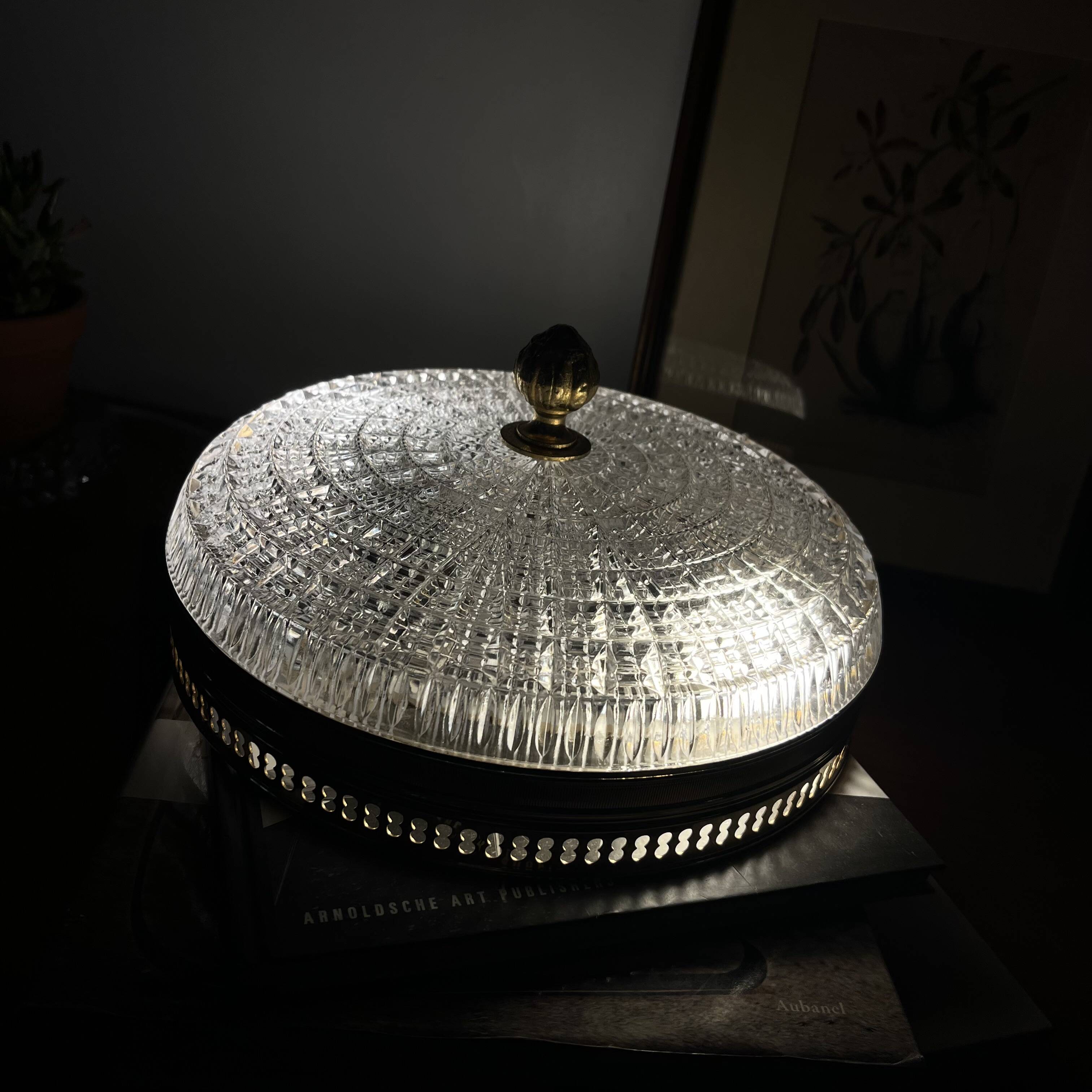 Glass and gold metal ceiling light, vintage model from the 1930s.