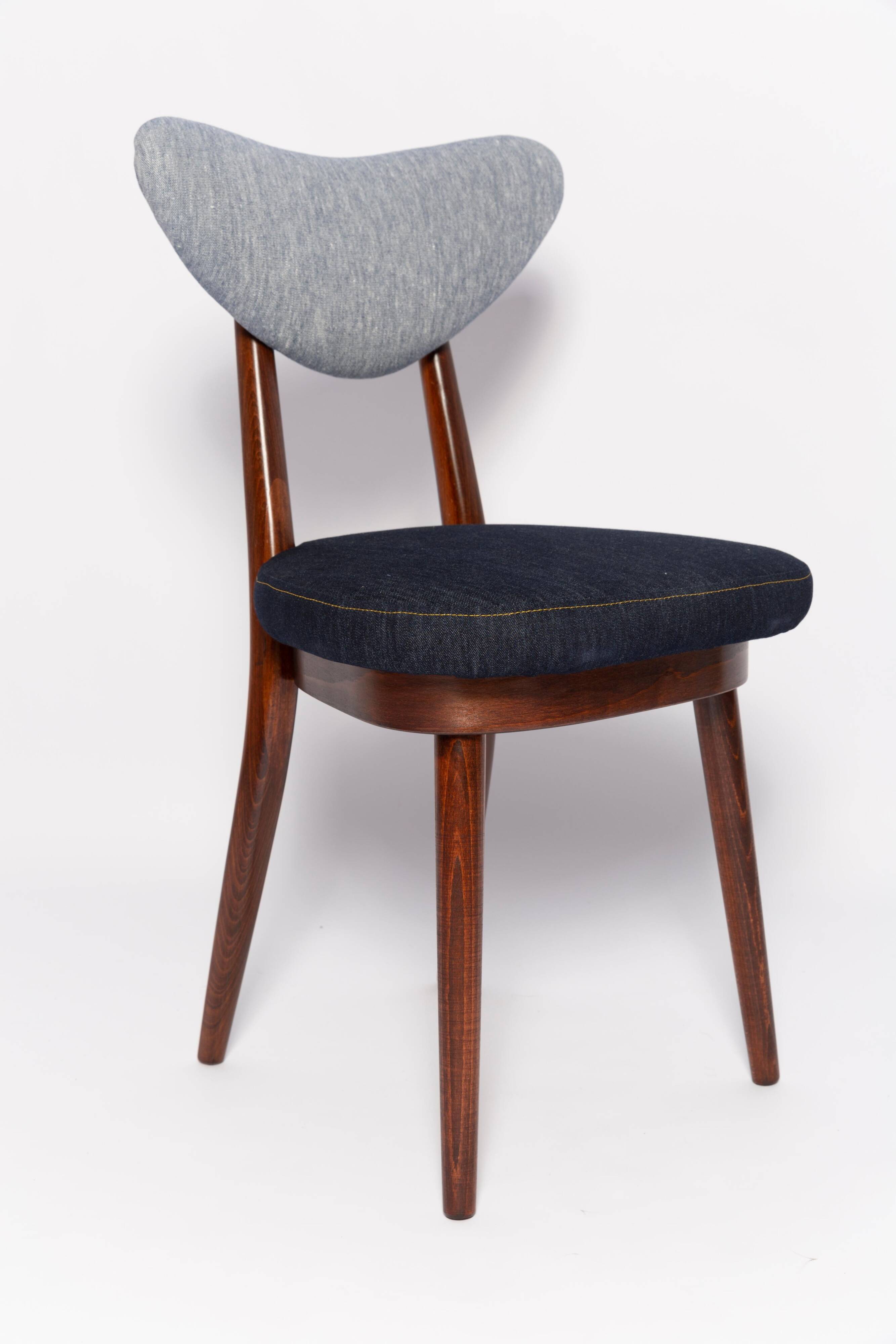 Heart-shaped chair in light and dark blue denim, mid-century style, Europe, 1960s.