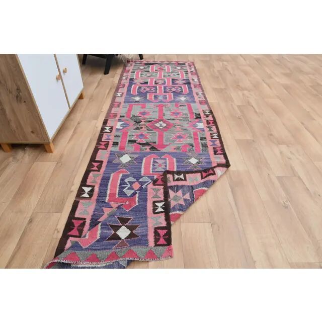 1970s Vintage Turkish Oushak Handmade Wool Cotton Pink Runner Rug 99x331
