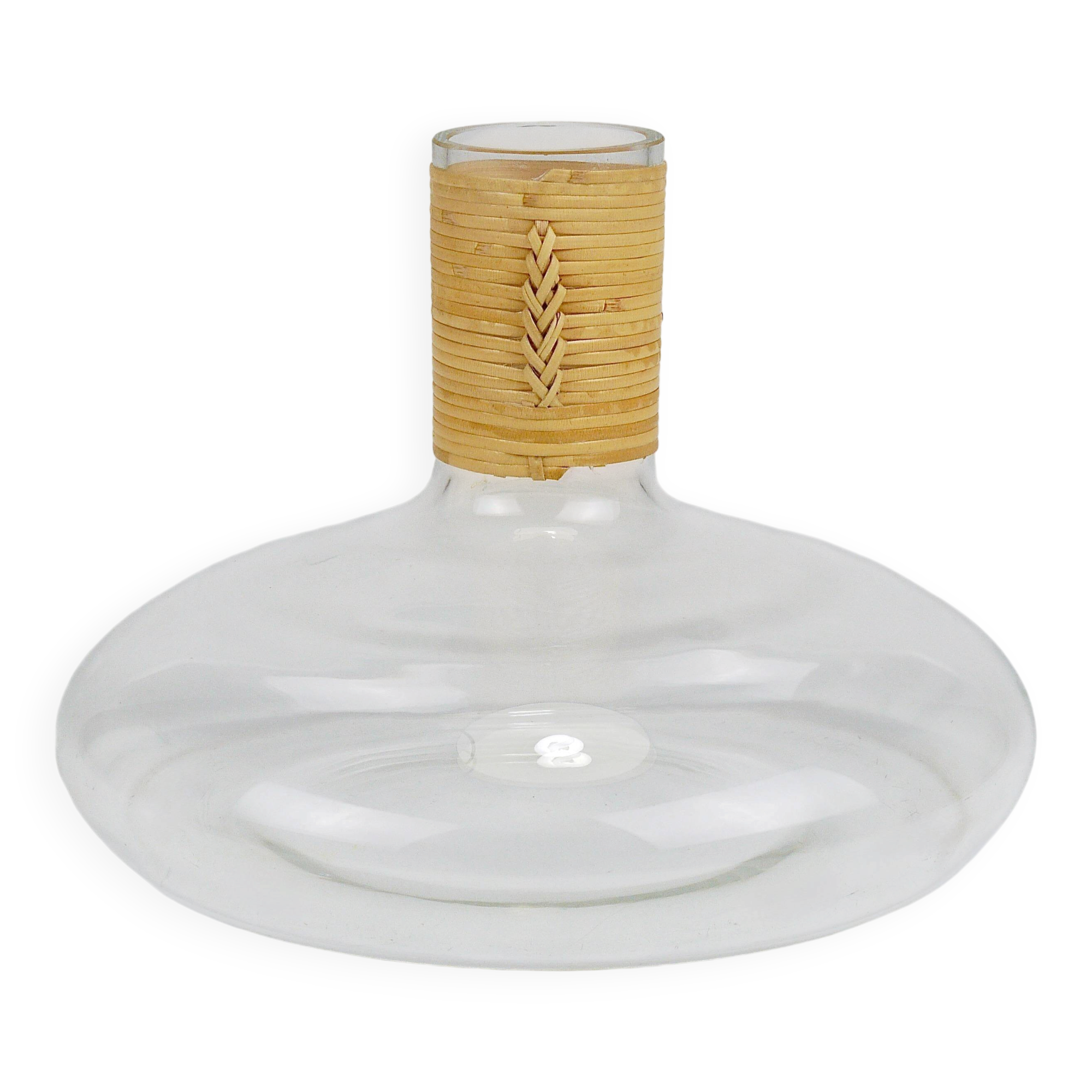 Vase by Carl Auböck decanter "Tuberkulinkolben" tall in rattan, Austria, 1950s.
