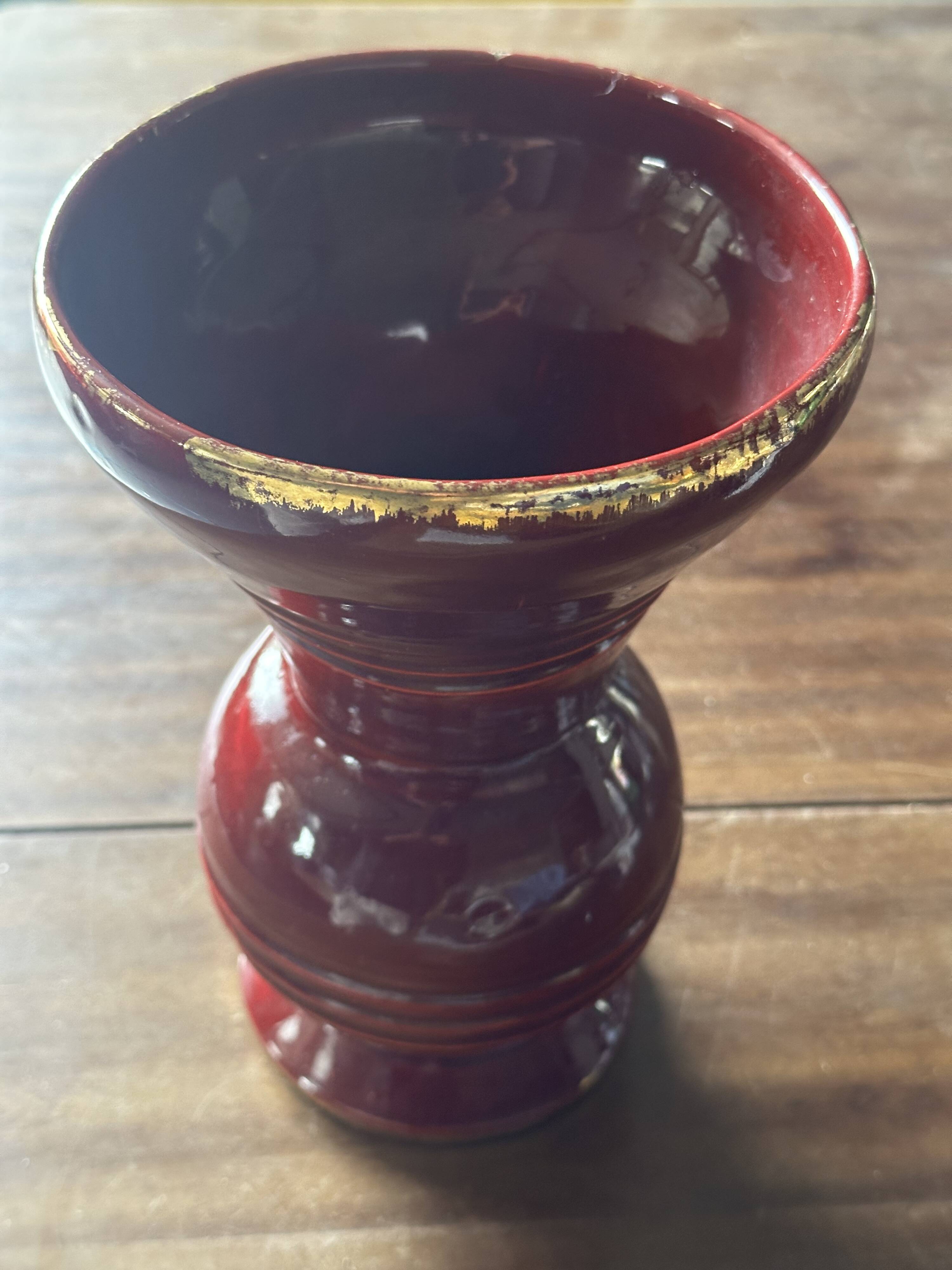 Ringed ceramic vase from Louviers, red and gold, 1950s