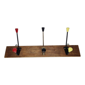 Portemanteau vintage, trois patères doubles tricolore, années 50-60, 53 cm