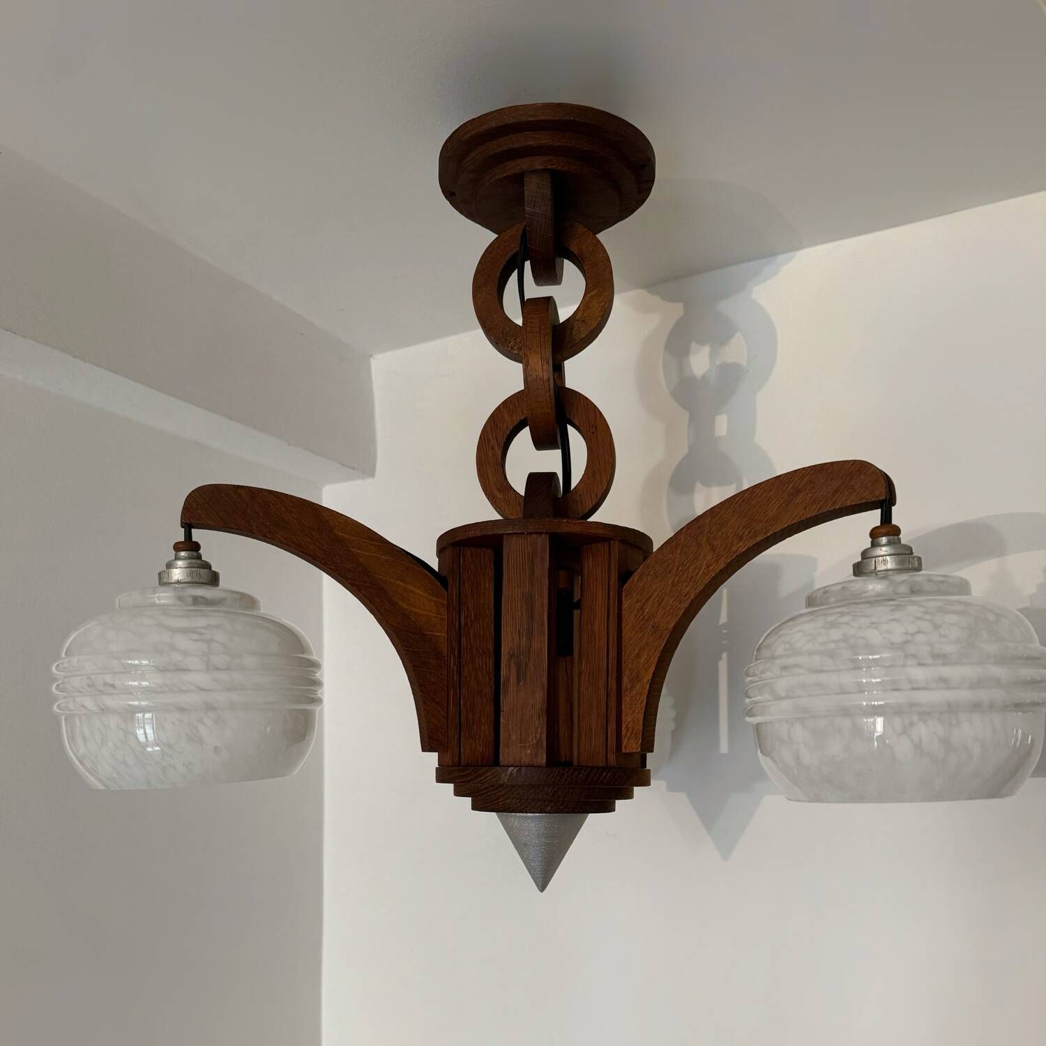 Art Deco chandelier in wood and glass from Clichy