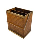 Hollywood regency brass and woven bamboo magazine rack, Metal Linea Nova Italy 1970