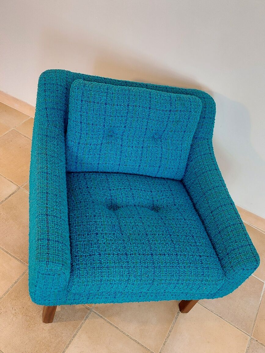 Norwegian living room set in blue fabric, vintage scandinavian 1960s