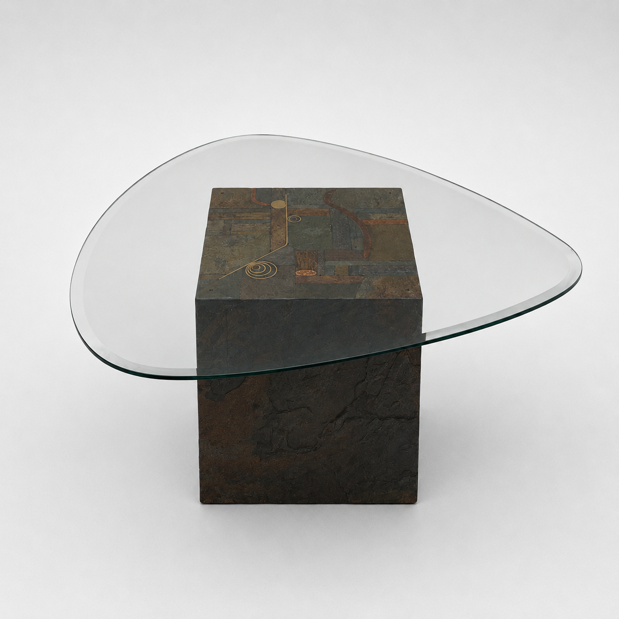 Unique design coffee table with natural stone base and organic glass top
