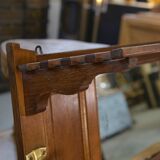 Solid oak coat rack and 2 brass hooks, Art Deco 1930s
