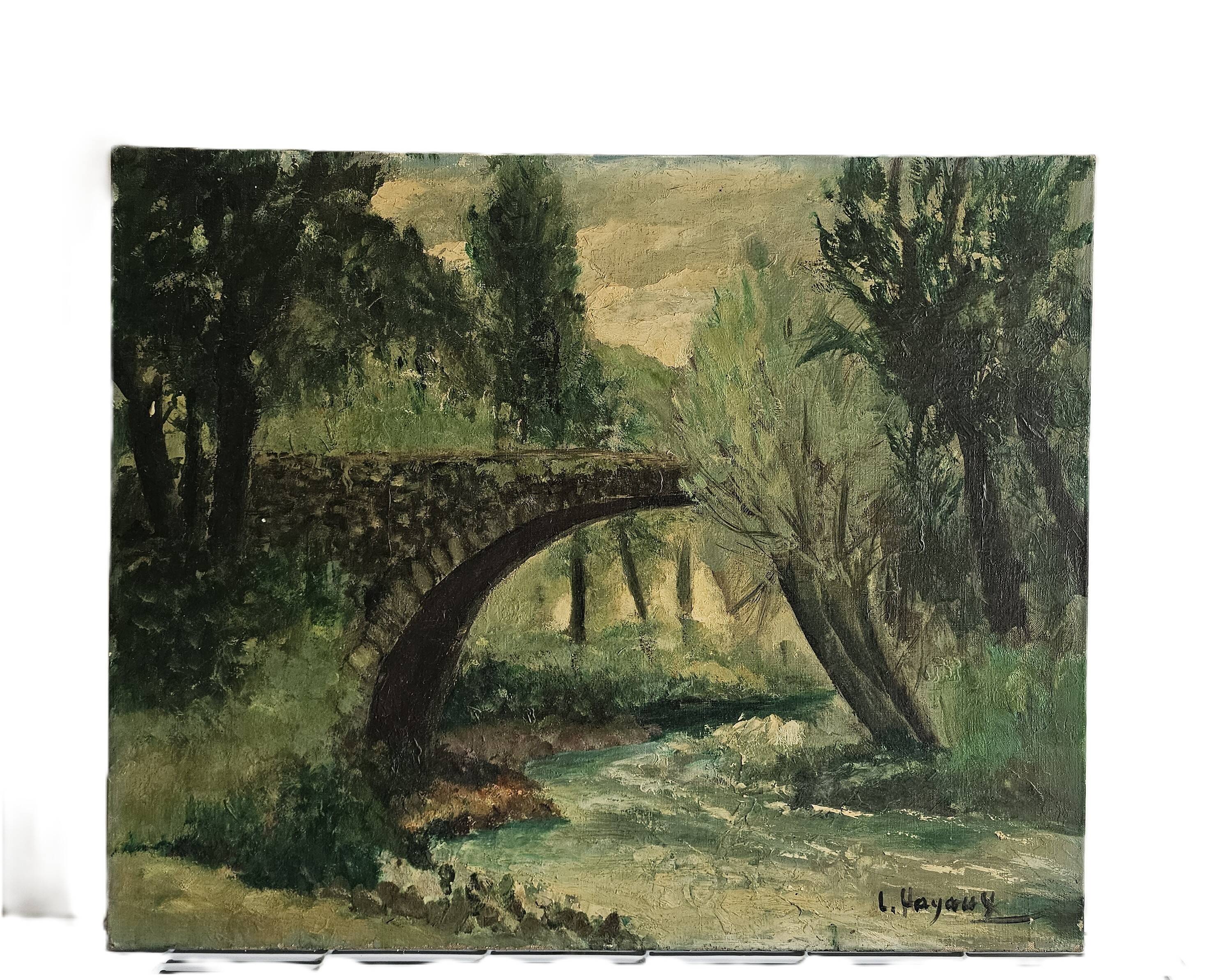 Painting - Oil on canvas Bridge on the banks of the Loire Signed Louis Hayaux (1897 1982)