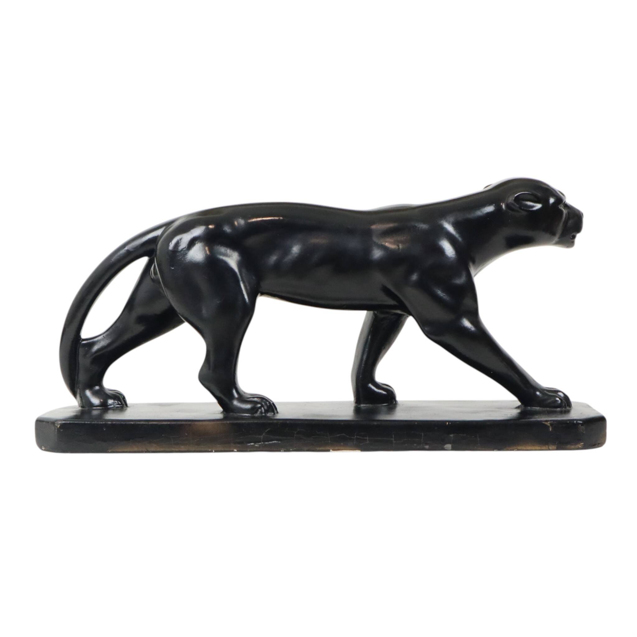 French Art Deco Style Panther Sculpture Black Lacquered Plaster 56cm