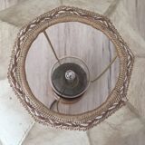 Table lamp in turned wood and umbrella-style leather lampshade