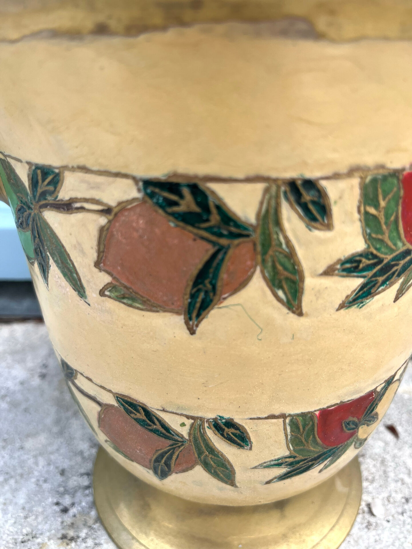 French Brass Cloisonné Style Champagne Bucket with Hand-Painted Fruit