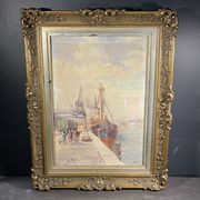 "Quai à Bruxelles" by Emile Lhernault, Tableau Aquarelle Marine, Halage et Chevaux de Trait ca 1910