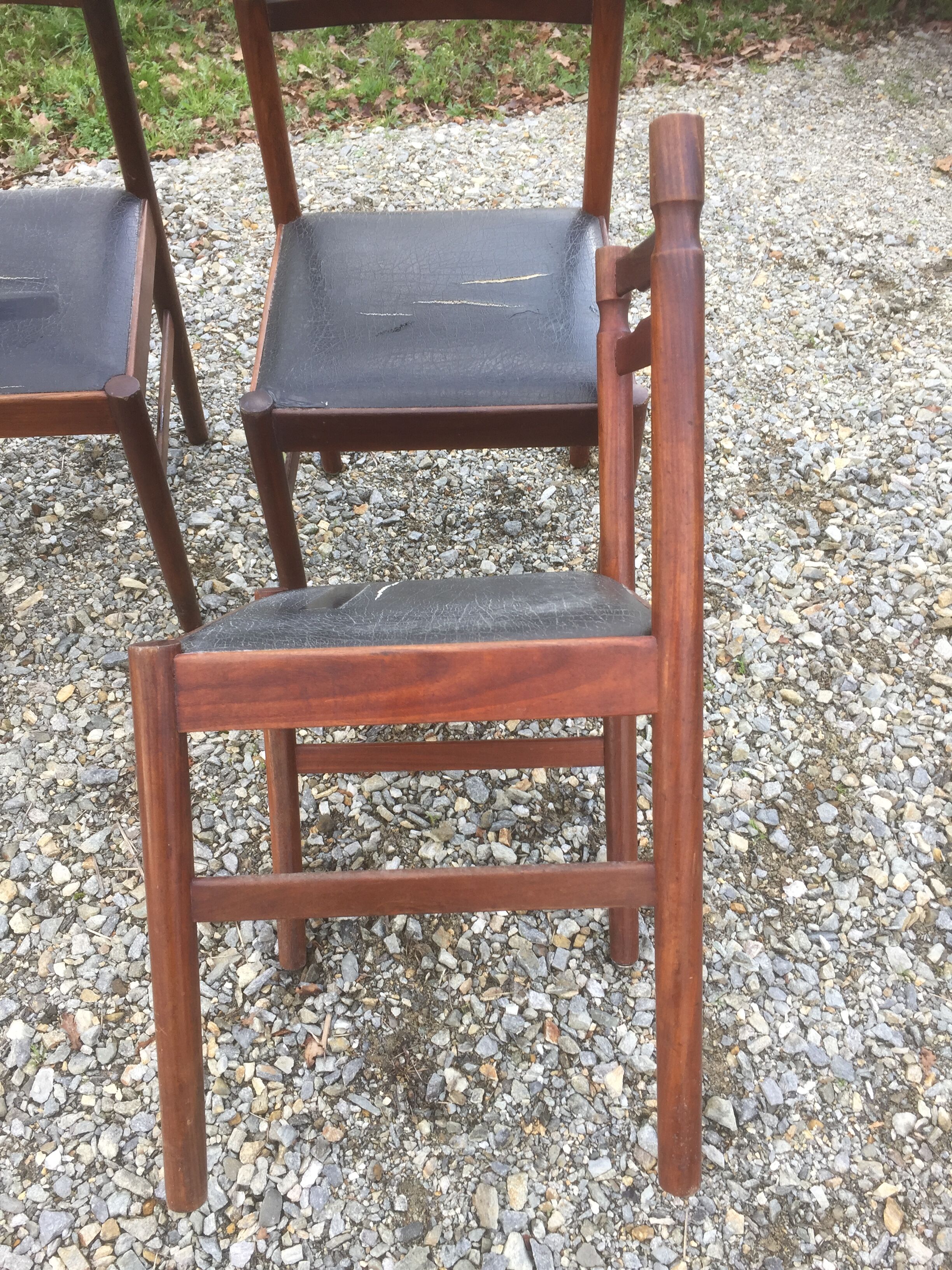 Vintage scandinavian teak chairs, black skaï seats as it is