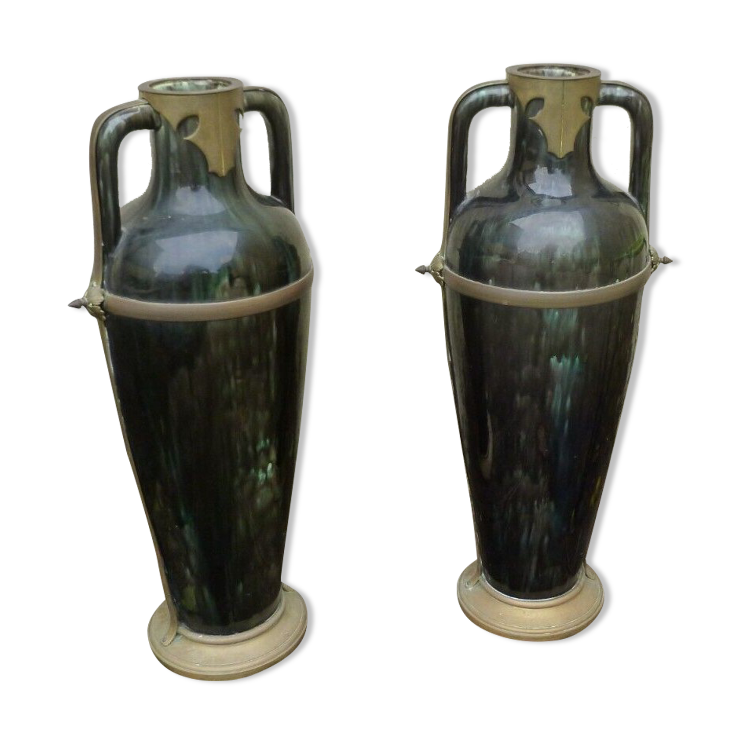 Ceramic vases brass frame art nouveau