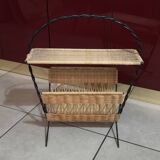 Magazine rack in the style of Raoul Guys, rattan and iron structure, vintage 1950s