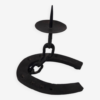 Old brutalist candle holder popular art horseshoe and chain wrought iron farm atmosphere
