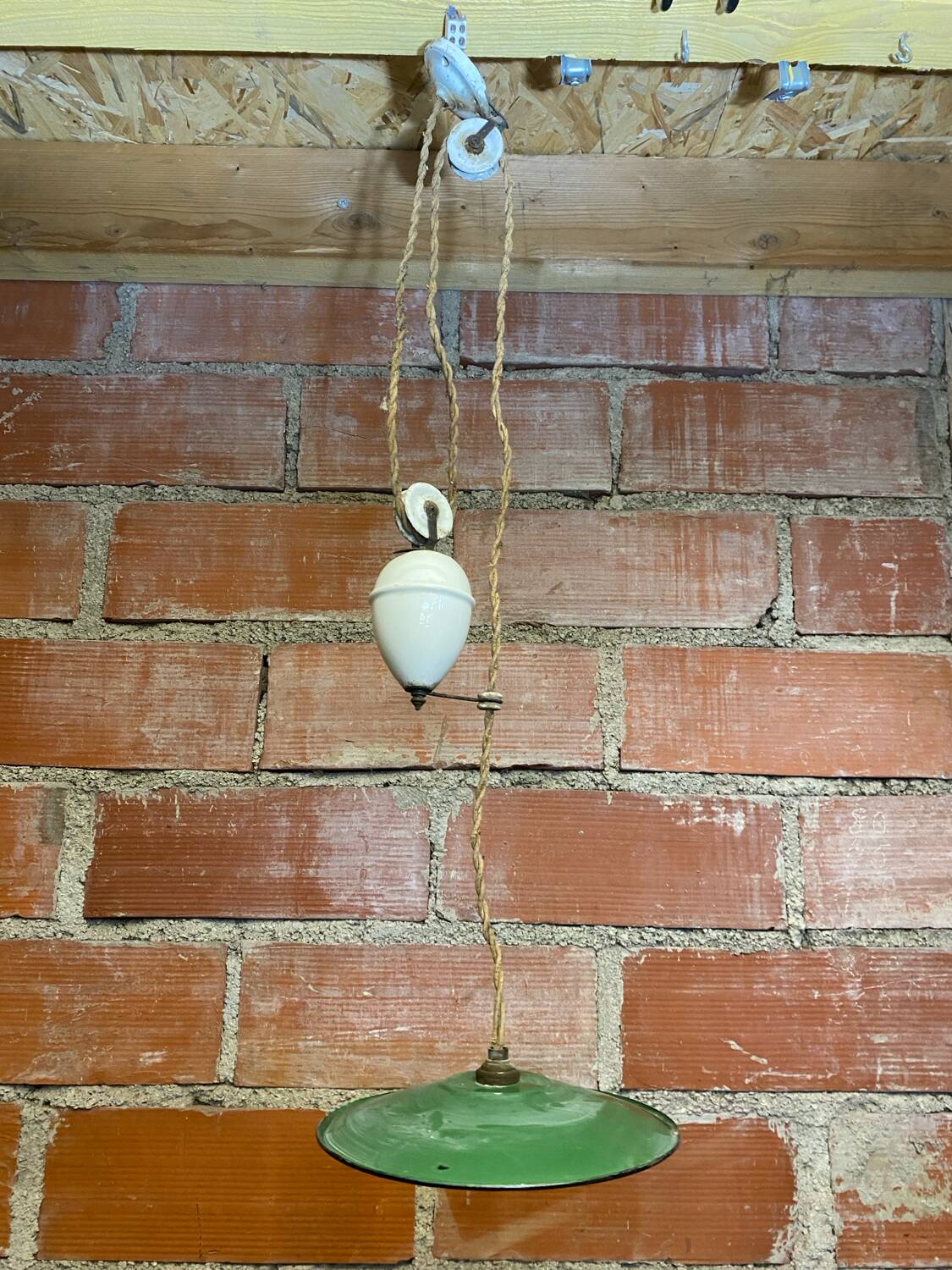 Industrial pendant light, mounted and lowered, green metal + vintage porcelain