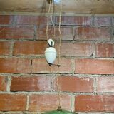Industrial pendant light, mounted and lowered, green metal + vintage porcelain