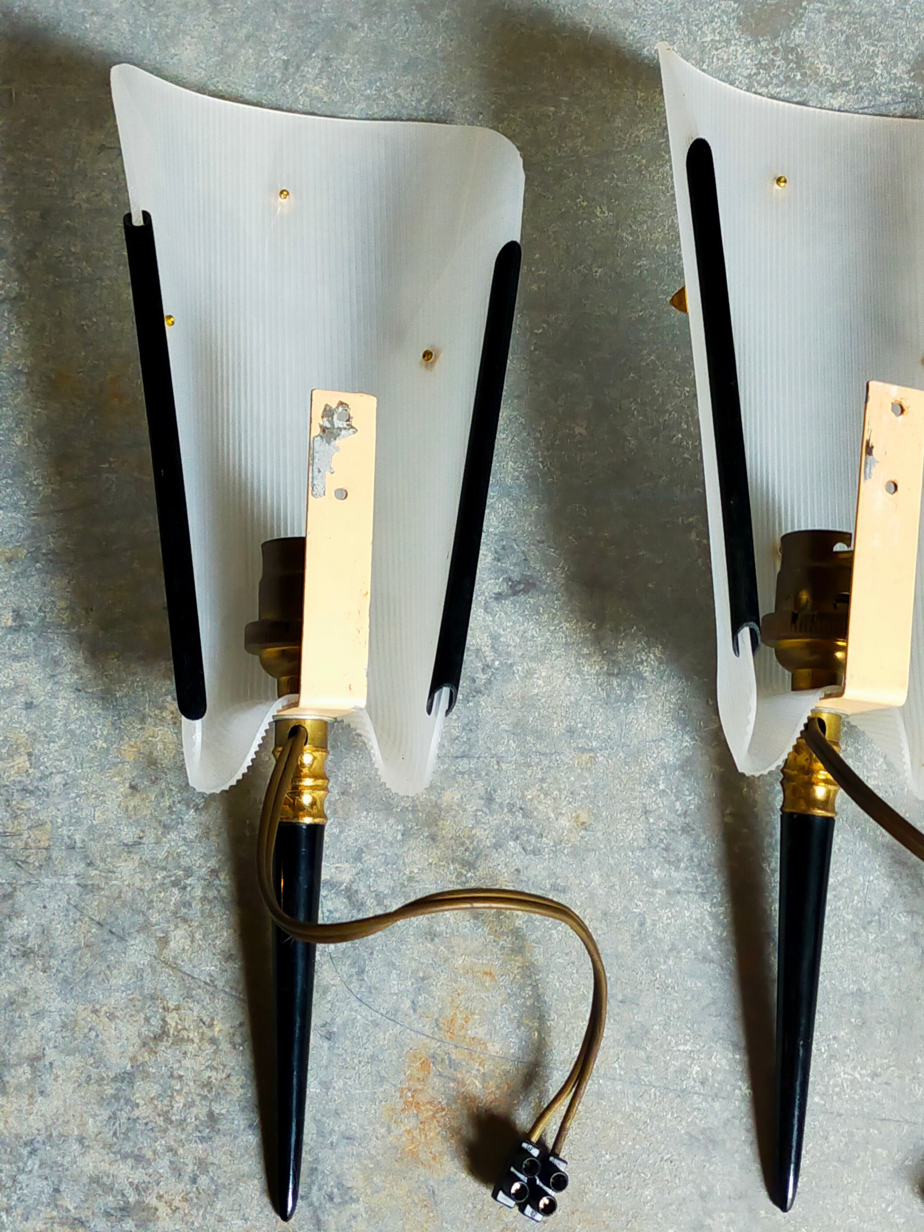 Pair of vintage plexi and bakelite 50s wall lamps