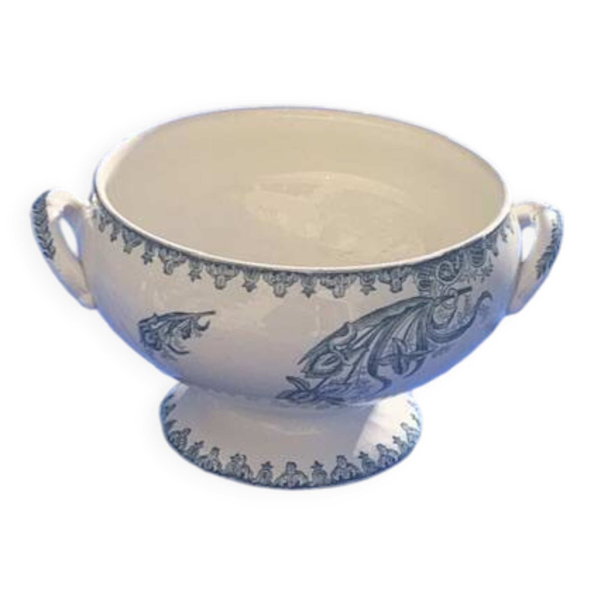 Soup tureen base, old salad bowl, iron earth with blue iris pattern, 19th century, collector's item