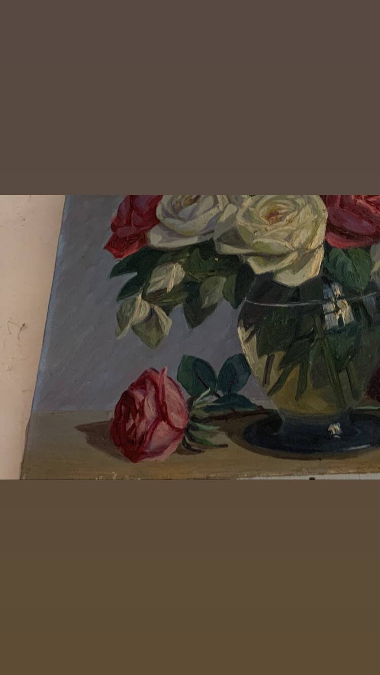 Painting the bouquet of roses, oil on canvas, signed Paul Marengo, art deco