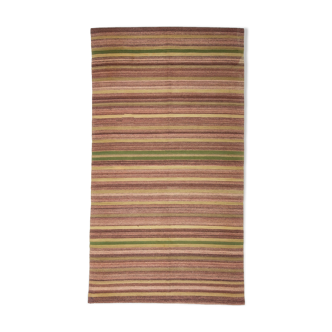 Vintage rug carpet 8.4x4.6 feet 255x142 cm area turkish kilim stripe green purple red rug myk-878