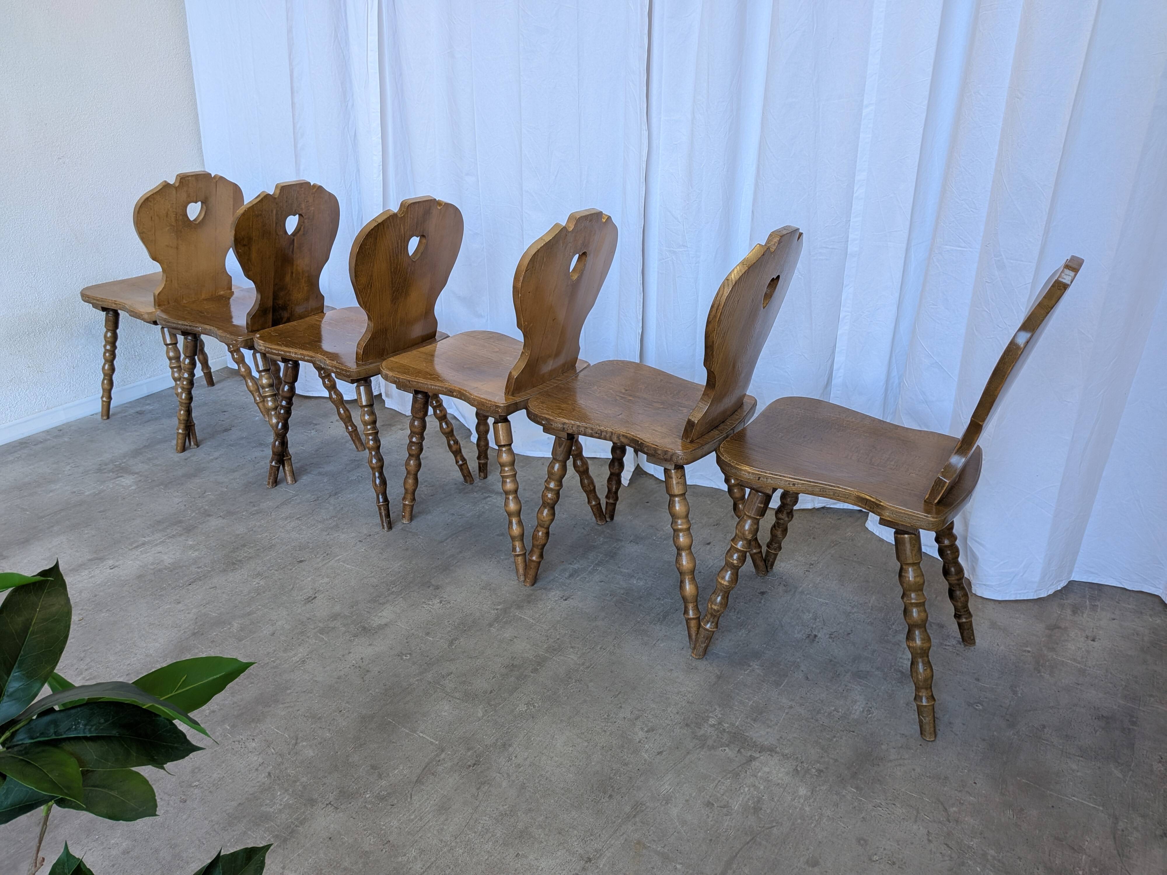 Set of 6 Vintage Tyrolean Heart Cutout Wooden Dining Chairs / Darker Brown