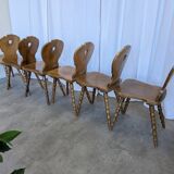 Set of 6 Vintage Tyrolean Heart Cutout Wooden Dining Chairs / Darker Brown