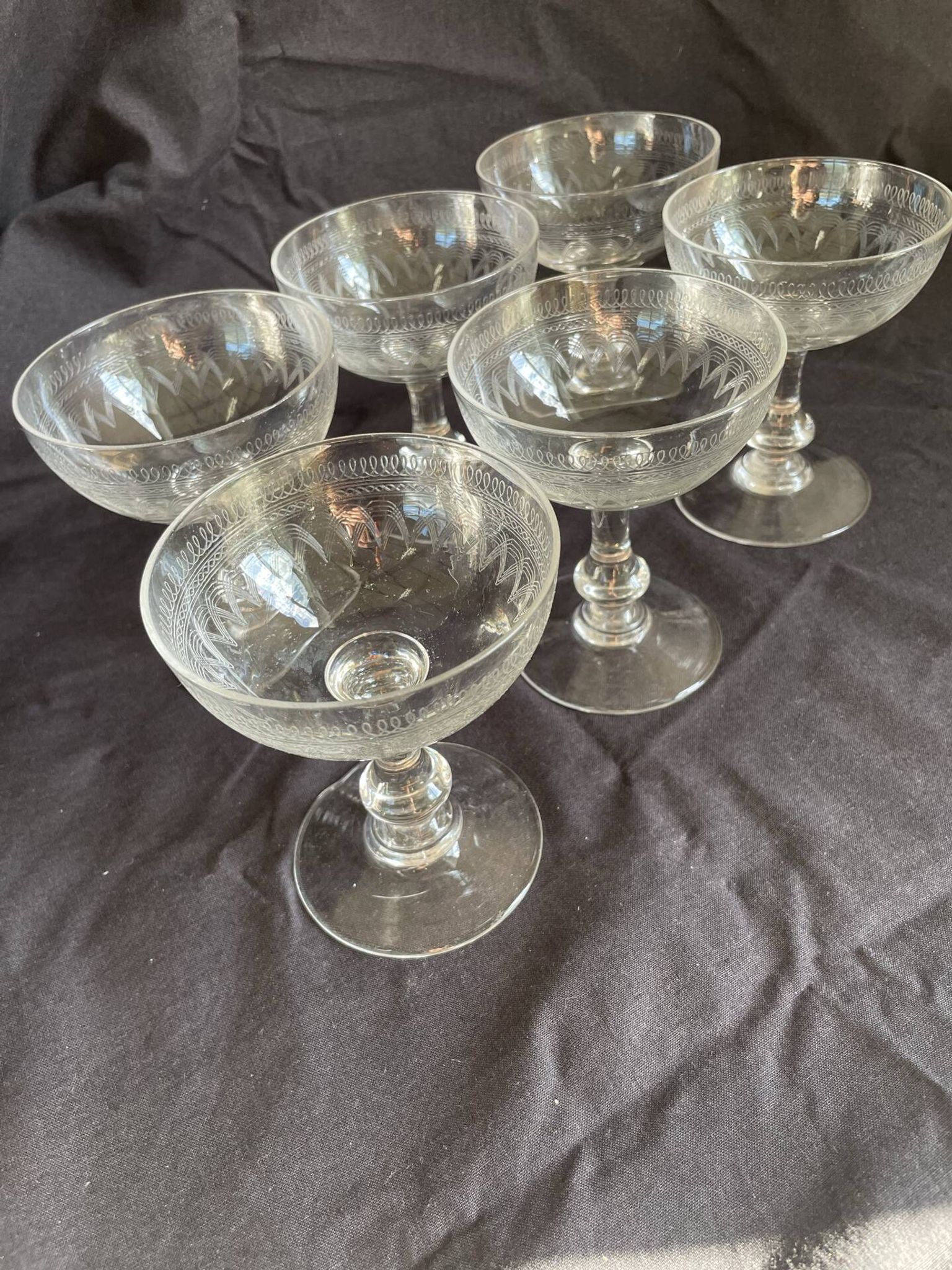 6 Art Deco crystal champagne coupes.