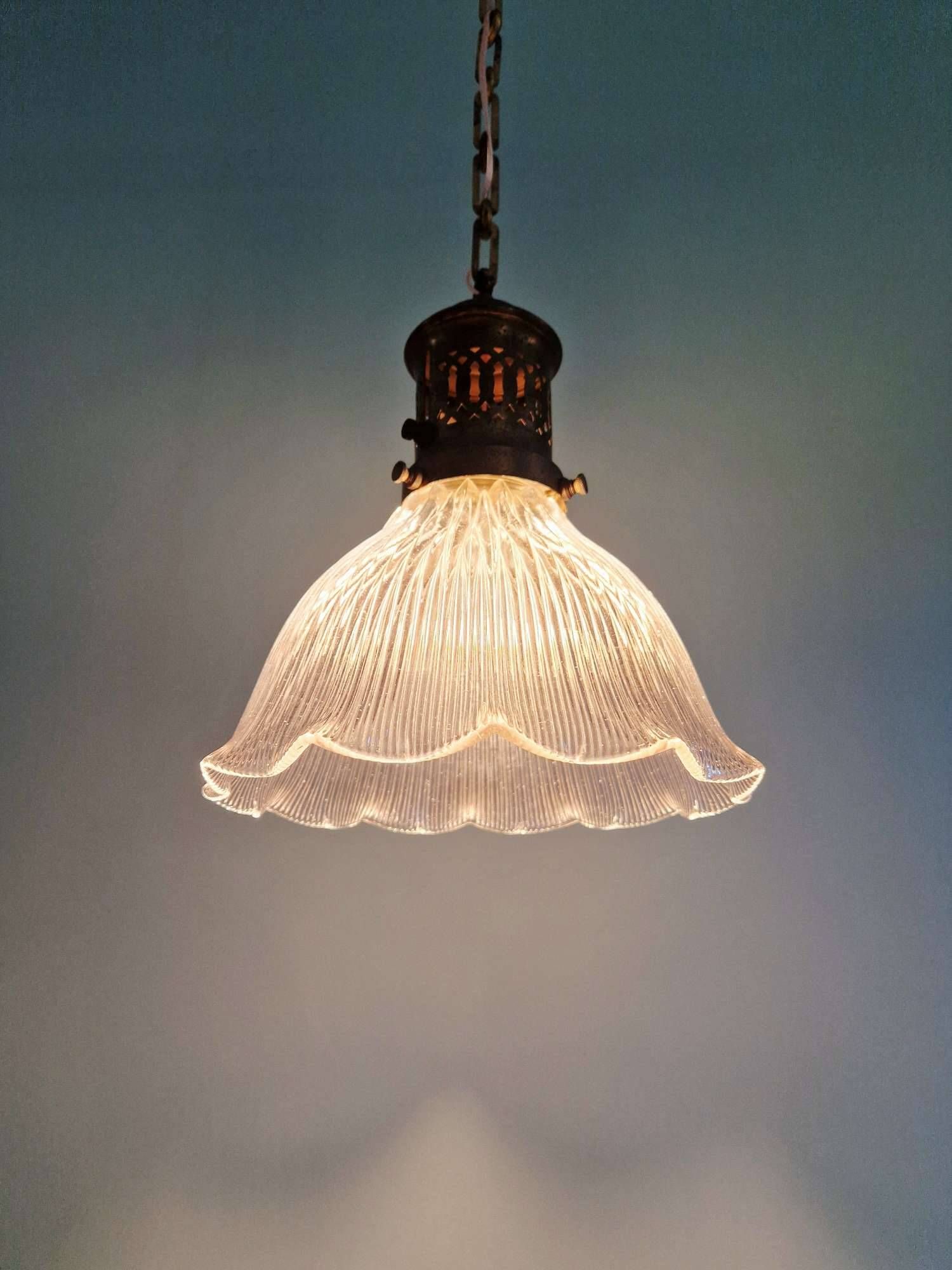 Large Holophane pendant light in clear ribbed glass, 1920-30.