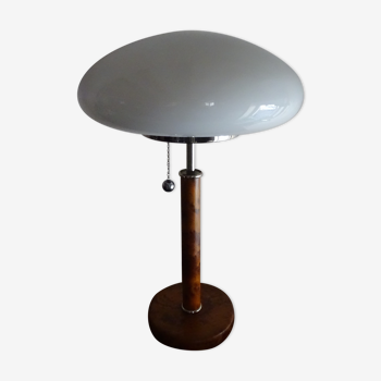 Lampe champignon opaline vintage design 1970 monture bois.
