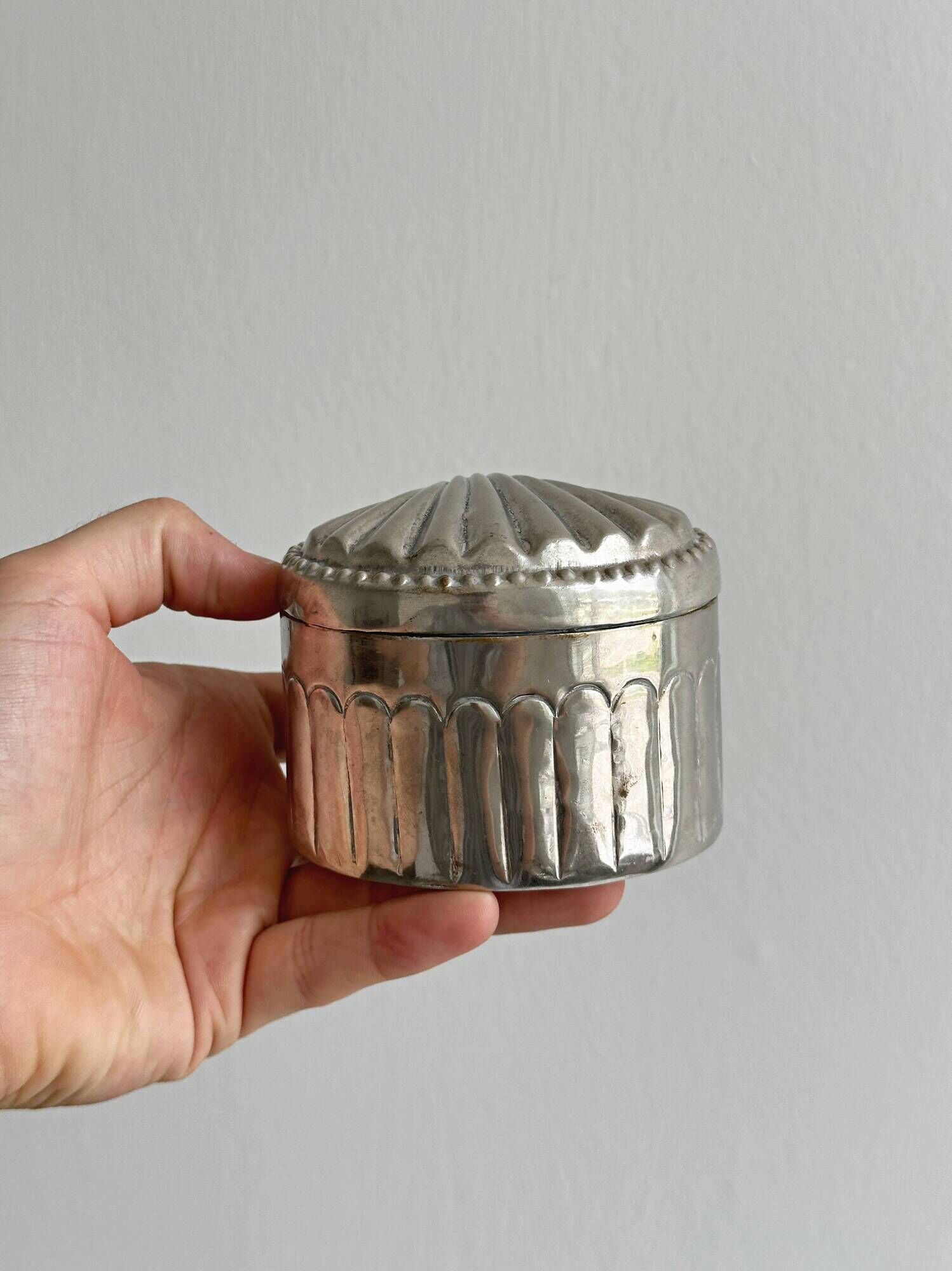 Silver-plated metal catchall with patina