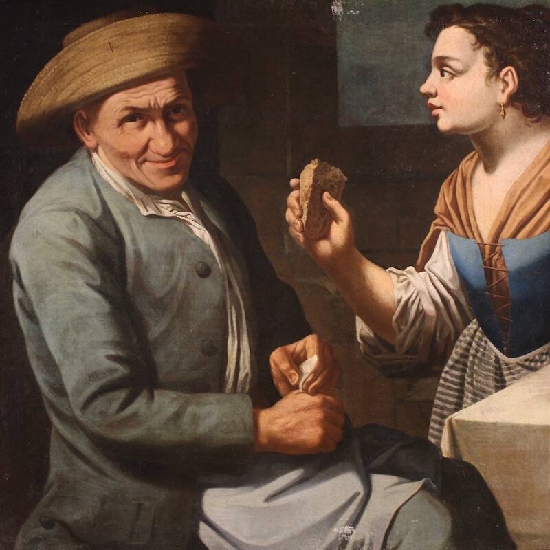 Antique Lombard painting from the 17th century, interior scene