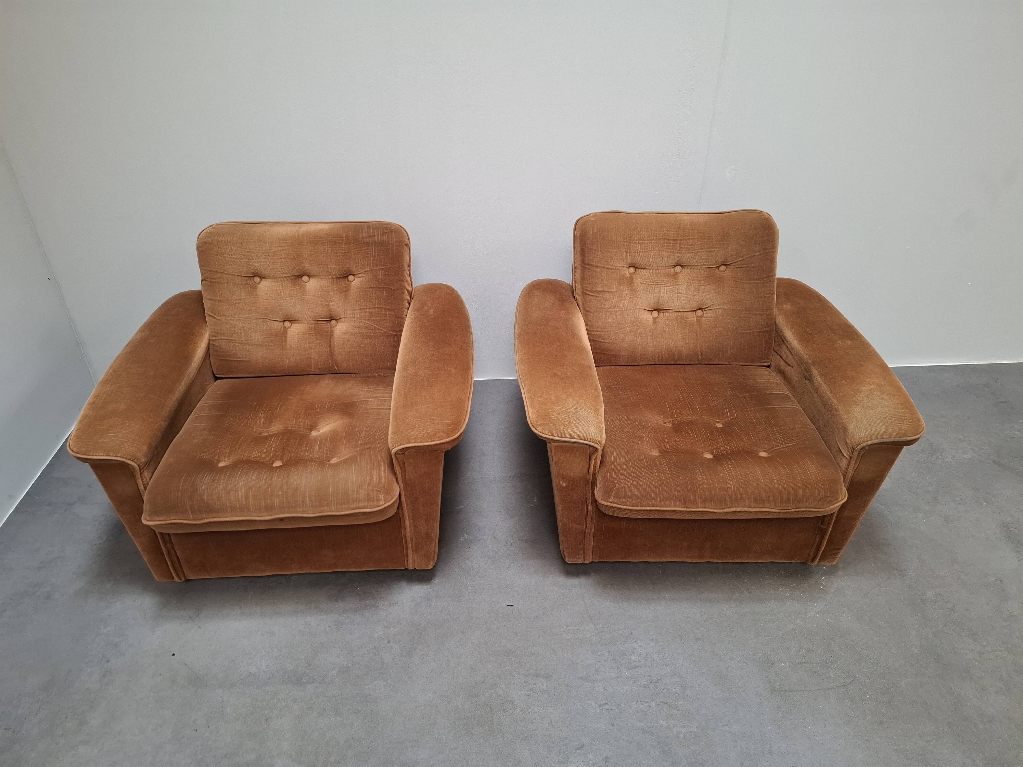 Pair of Mid-Century Modern Czech Lounge Armchairs with Rolling Casters