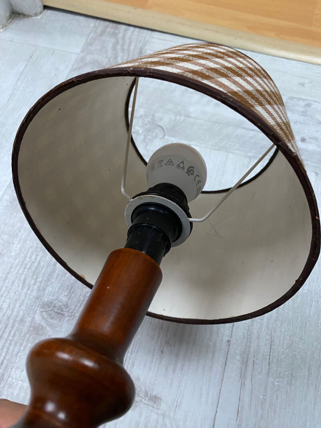 Wooden foot lamp brown tartan lampshade, cottage style