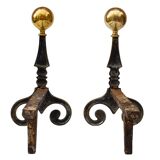 Gilded bronze andirons with rounded ball and patterns, antique fireplace accessory