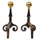 Gilded bronze andirons with rounded ball and patterns, antique fireplace accessory