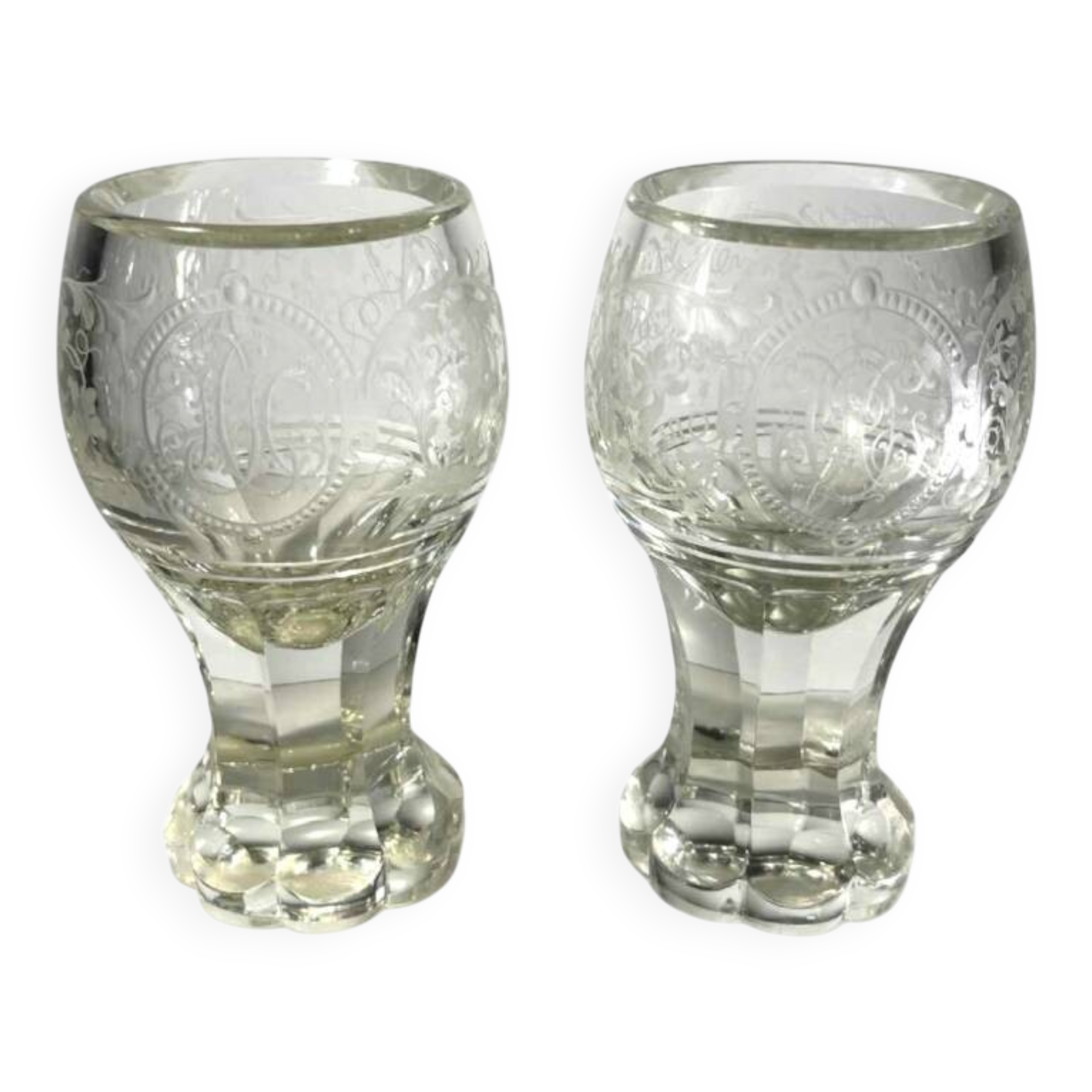 Pair of stemmed glasses in thick crystal, Bohemian, circa 1900
