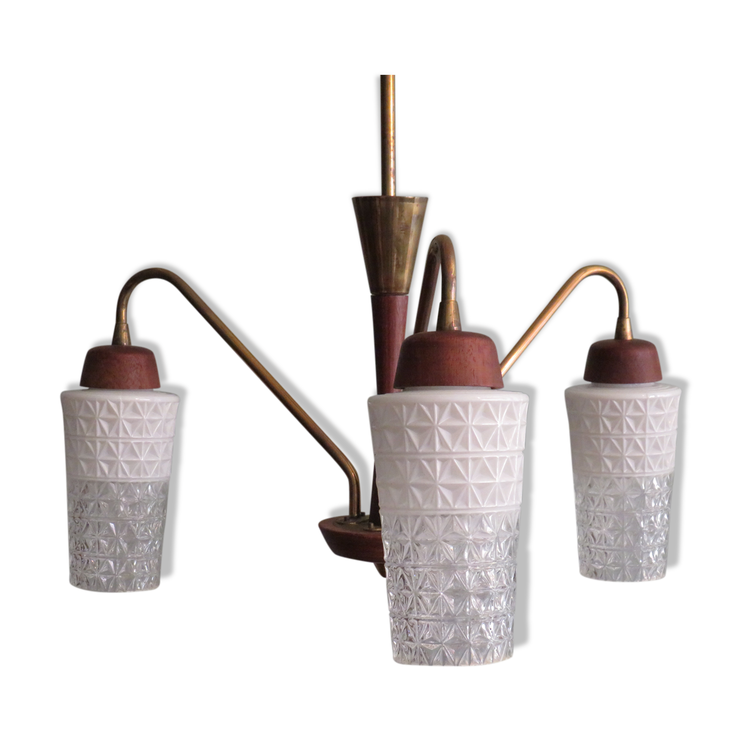 Scandinavian 3-arm chandelier, teak, brass and 1960 glass