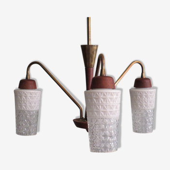 Lustre scandinave à 3 bras teck laiton et verre 1960