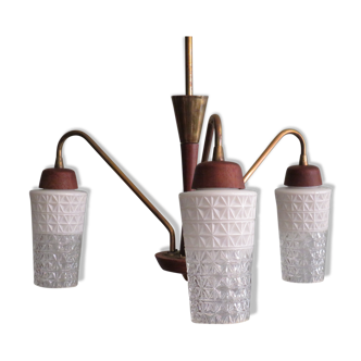 Scandinavian 3-arm chandelier, teak, brass and 1960 glass