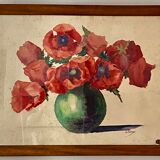 Tableau ancien, nature morte aux coquelicots, années 60