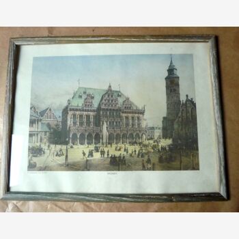 LITHOGRAPHIE COULEUR ANCIENNE 1859 de la ville "BREMEN" par K. GILDEMEISTER cadré en bois + verre