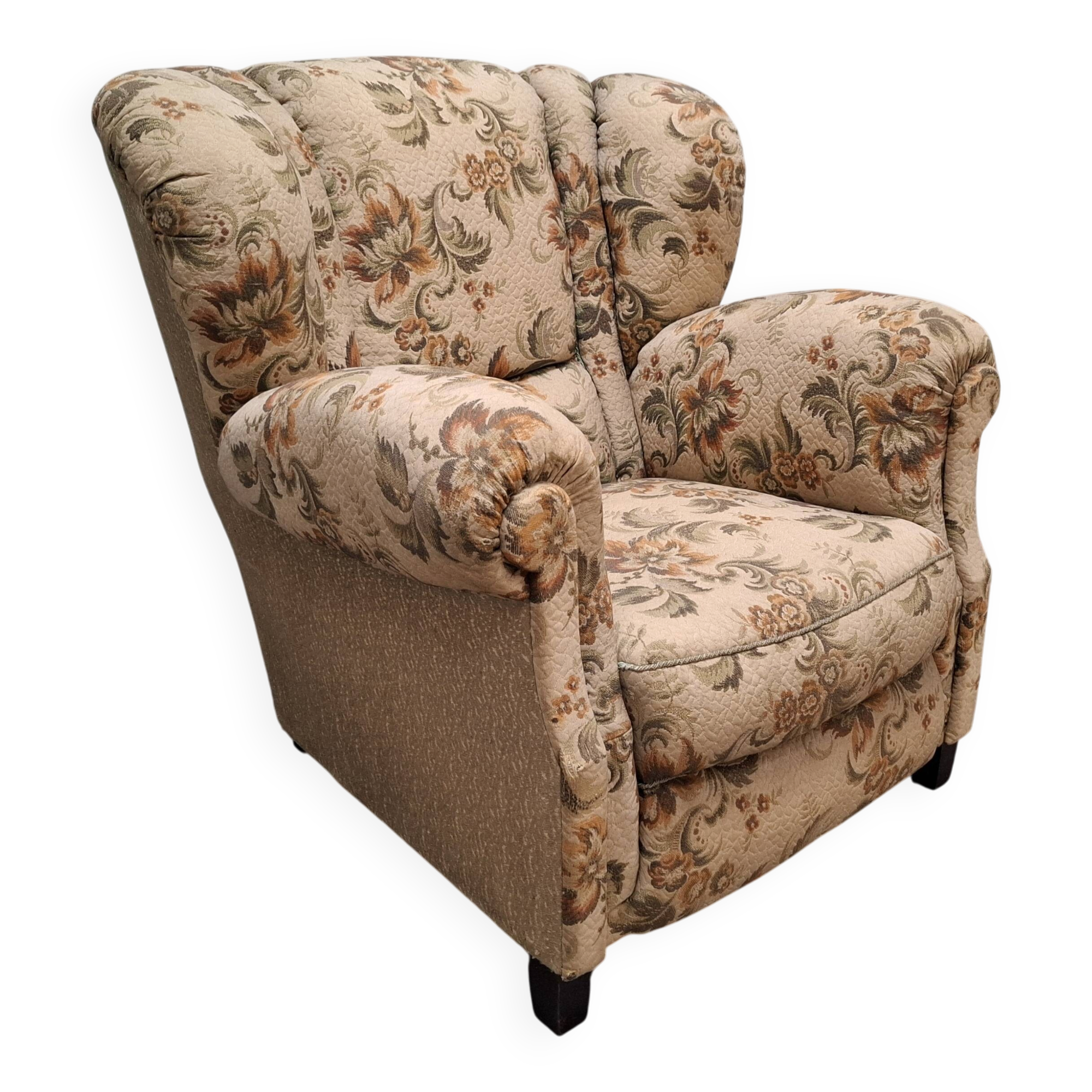 1930s Art Deco Czech Floral Upholstered Wingback Armchair