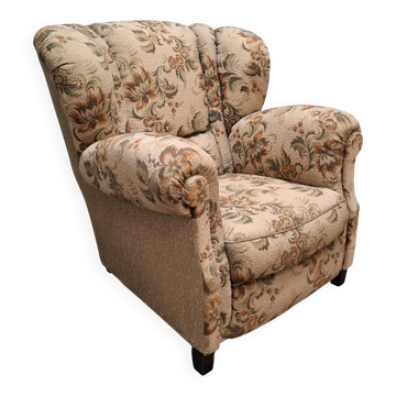 1930s Art Deco Czech Floral Upholstered Wingback Armchair