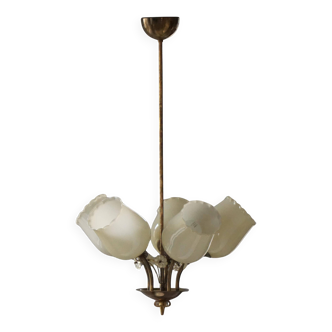 Brass and Glass Mid-Century Chandelier by Itsu, Finland, 1950s