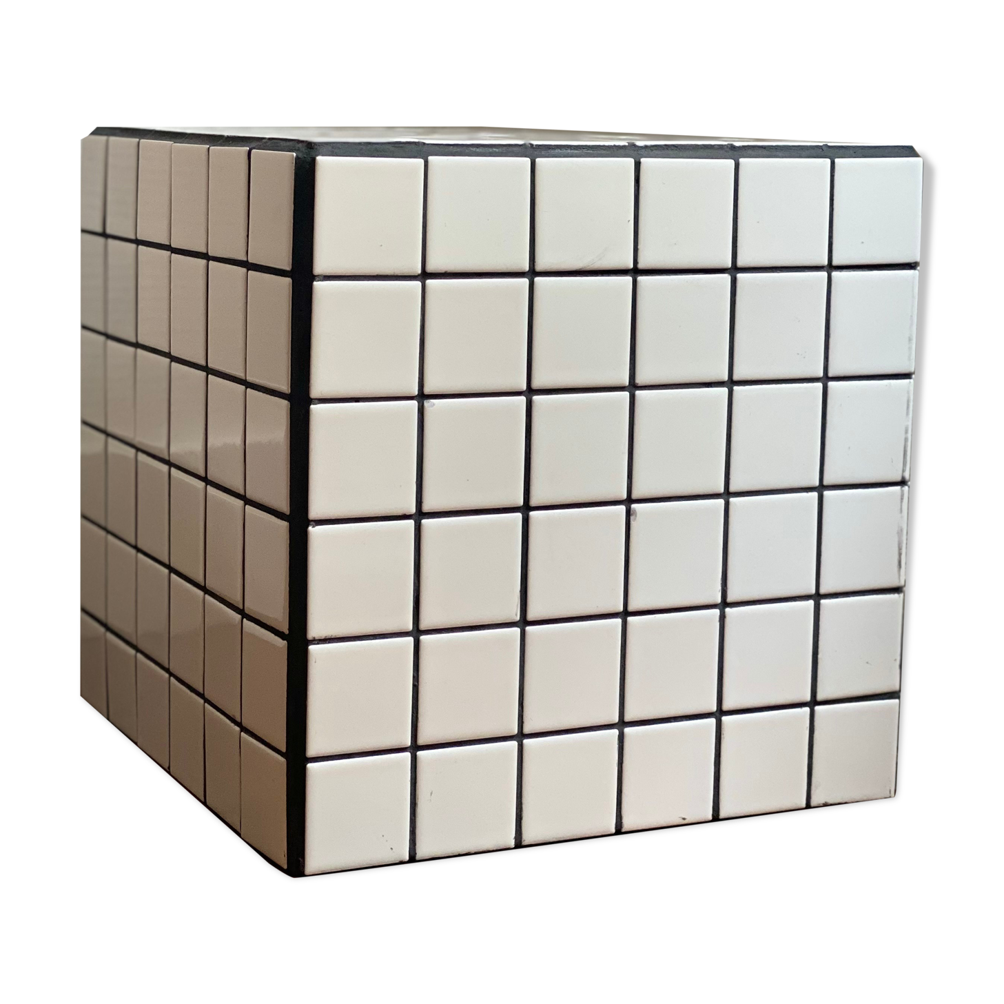 Checkerboard cube bedside table tiled white retro black tile